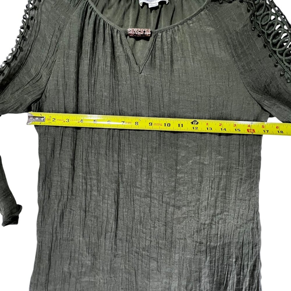Indigo Rose Olive Green Bell Sleeve Boho Dress Lined Cutout Crochet Sleeves - Picture 10 of 14